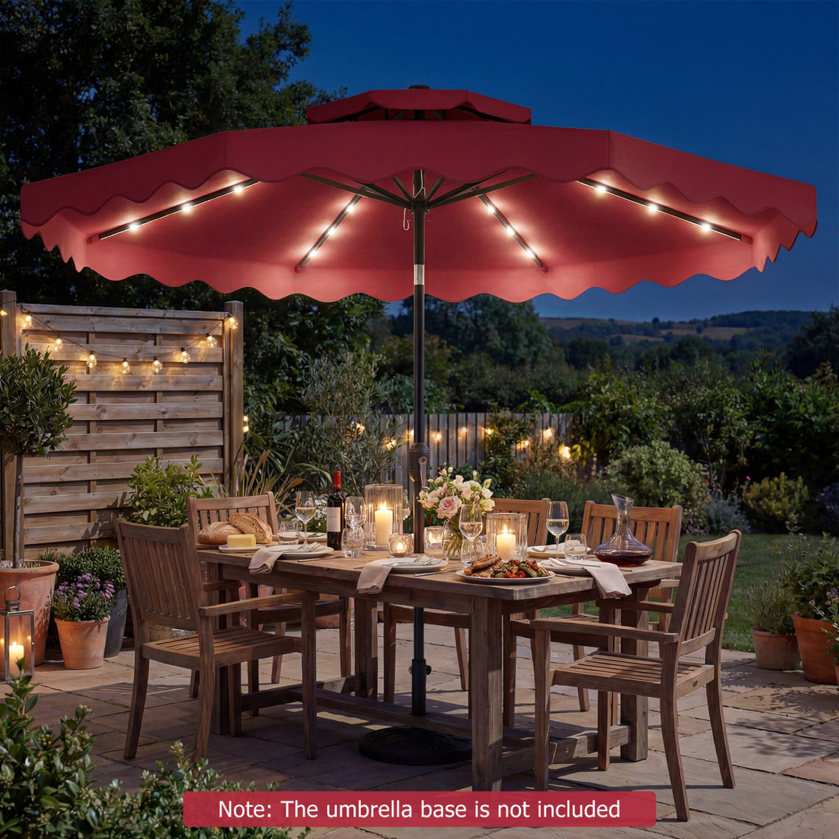 9 FT Solar LED Patio Umbrella Push-Button Tilt and Crank 24 LED Lights and 8 Ribs-Red