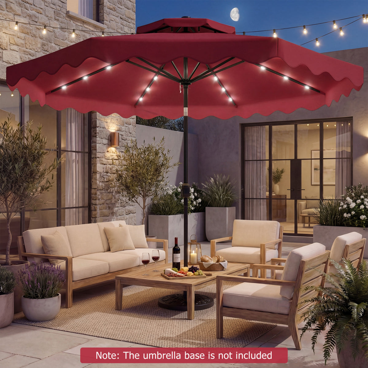 9 FT Solar LED Patio Umbrella Push-Button Tilt and Crank 24 LED Lights and 8 Ribs-Red