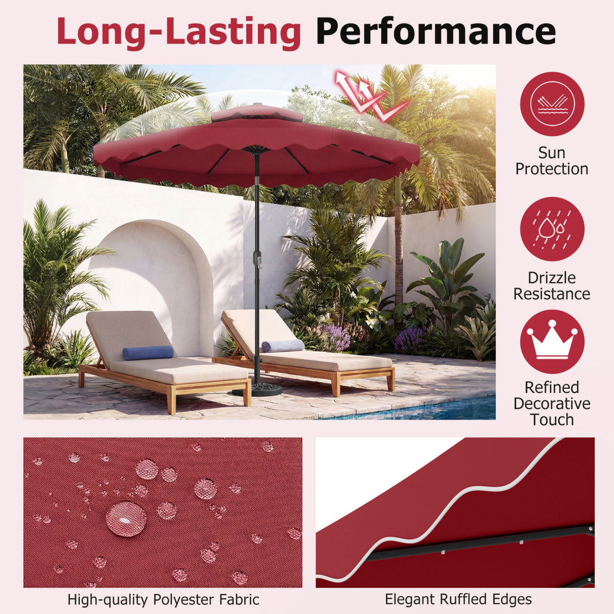 9 FT Solar LED Patio Umbrella Push-Button Tilt and Crank 24 LED Lights and 8 Ribs-Red