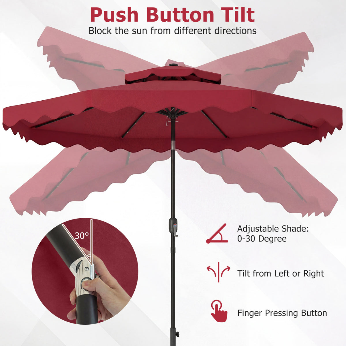 9 FT Solar LED Patio Umbrella Push-Button Tilt and Crank 24 LED Lights and 8 Ribs-Red