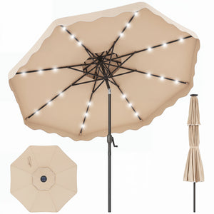 9 FT Solar LED Patio Umbrella Push-Button Tilt and Crank 24 LED Lights and 8 Ribs-Beige