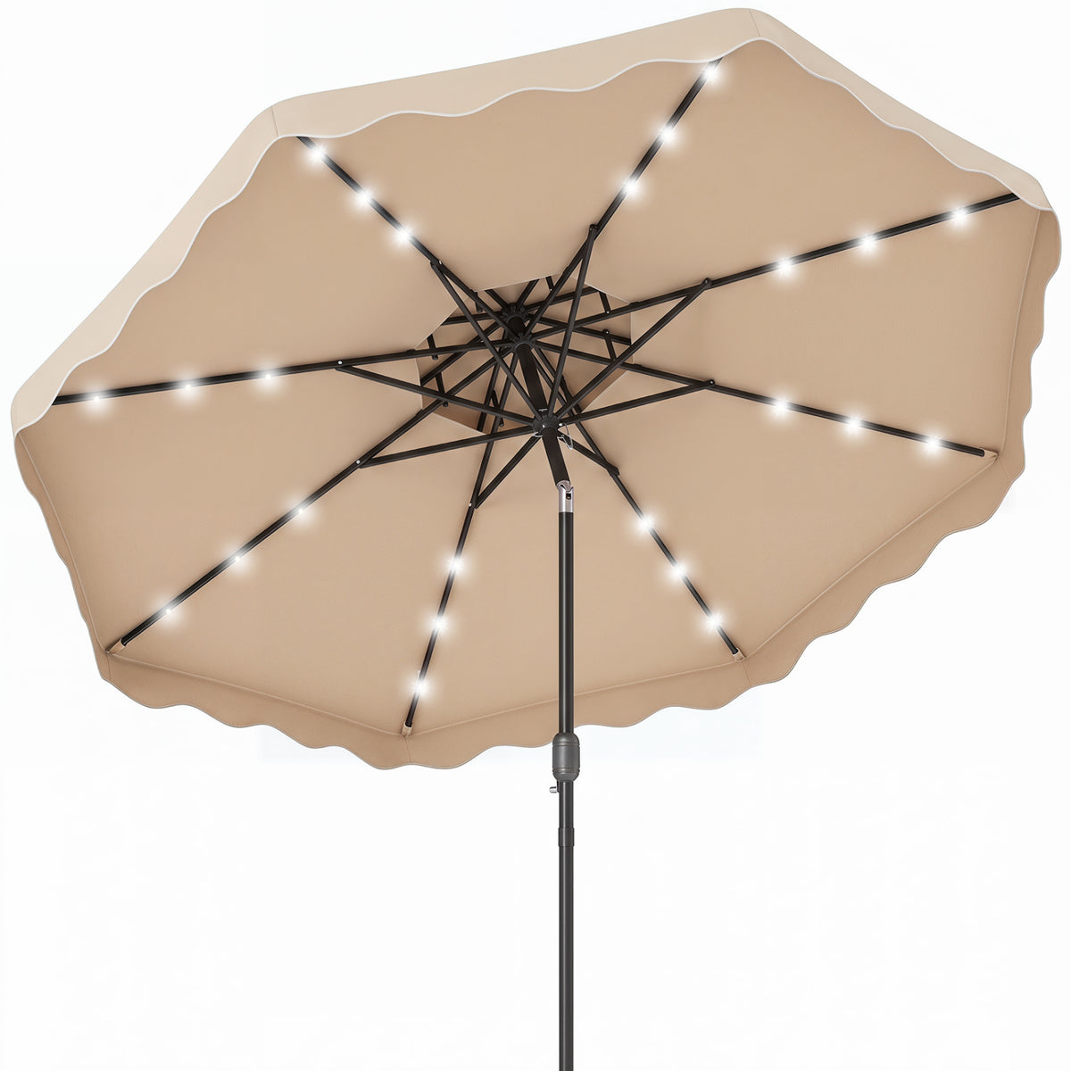 9 FT Solar LED Patio Umbrella Push-Button Tilt and Crank 24 LED Lights and 8 Ribs-Beige