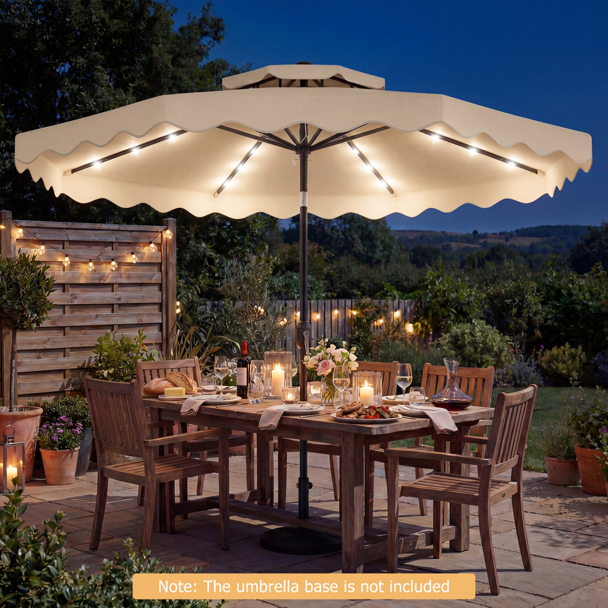 9 FT Solar LED Patio Umbrella Push-Button Tilt and Crank 24 LED Lights and 8 Ribs-Beige