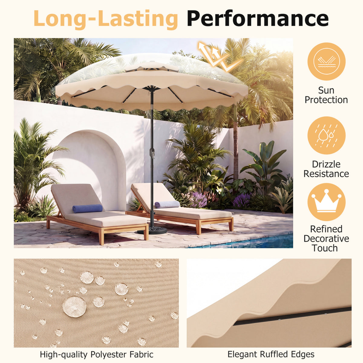 9 FT Solar LED Patio Umbrella Push-Button Tilt and Crank 24 LED Lights and 8 Ribs-Beige