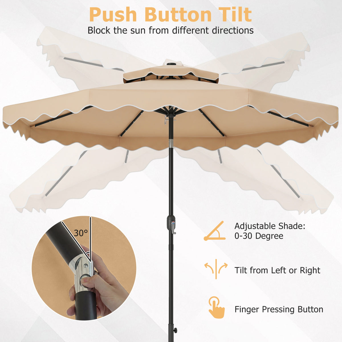 9 FT Solar LED Patio Umbrella Push-Button Tilt and Crank 24 LED Lights and 8 Ribs-Beige