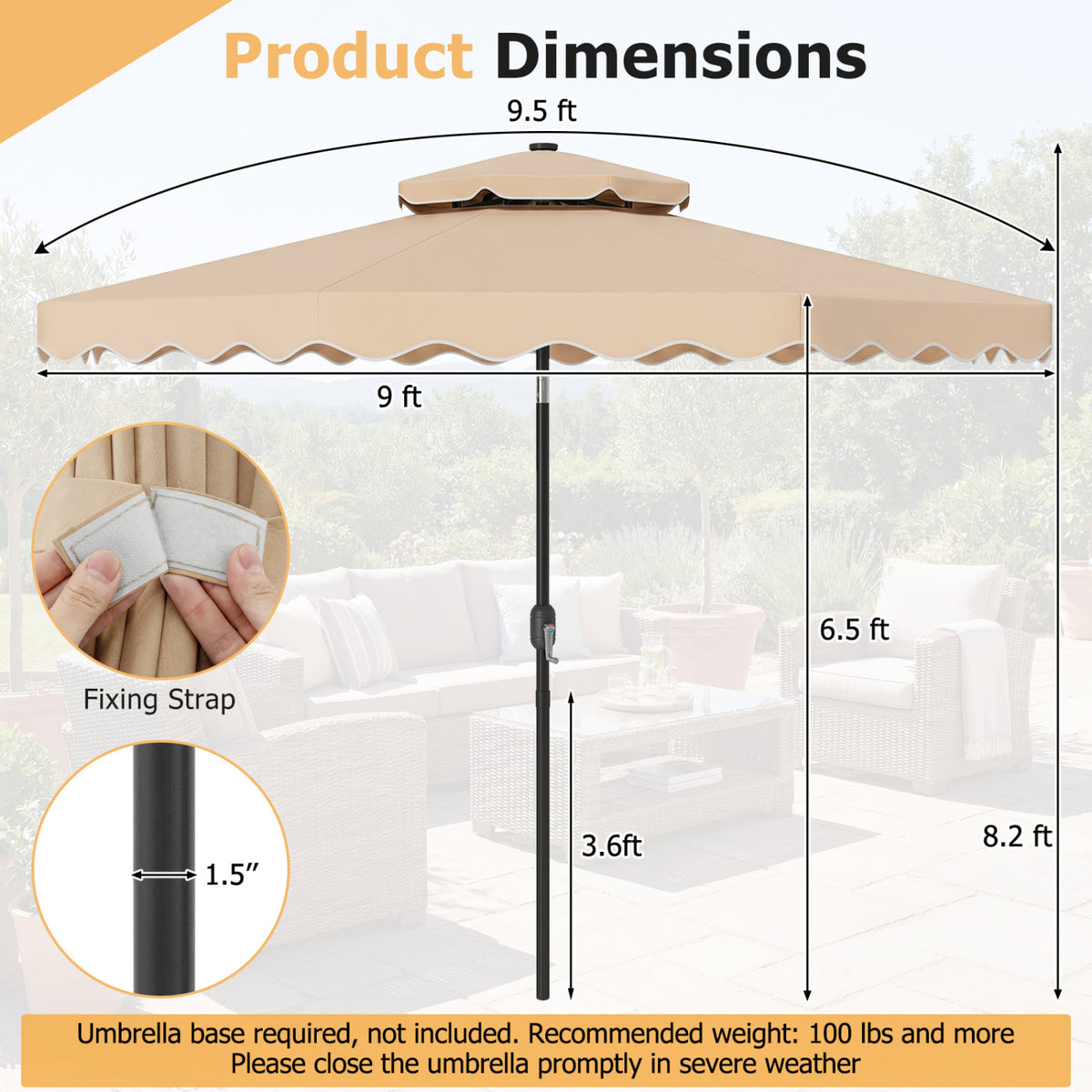 9 FT Solar LED Patio Umbrella Push-Button Tilt and Crank 24 LED Lights and 8 Ribs-Beige