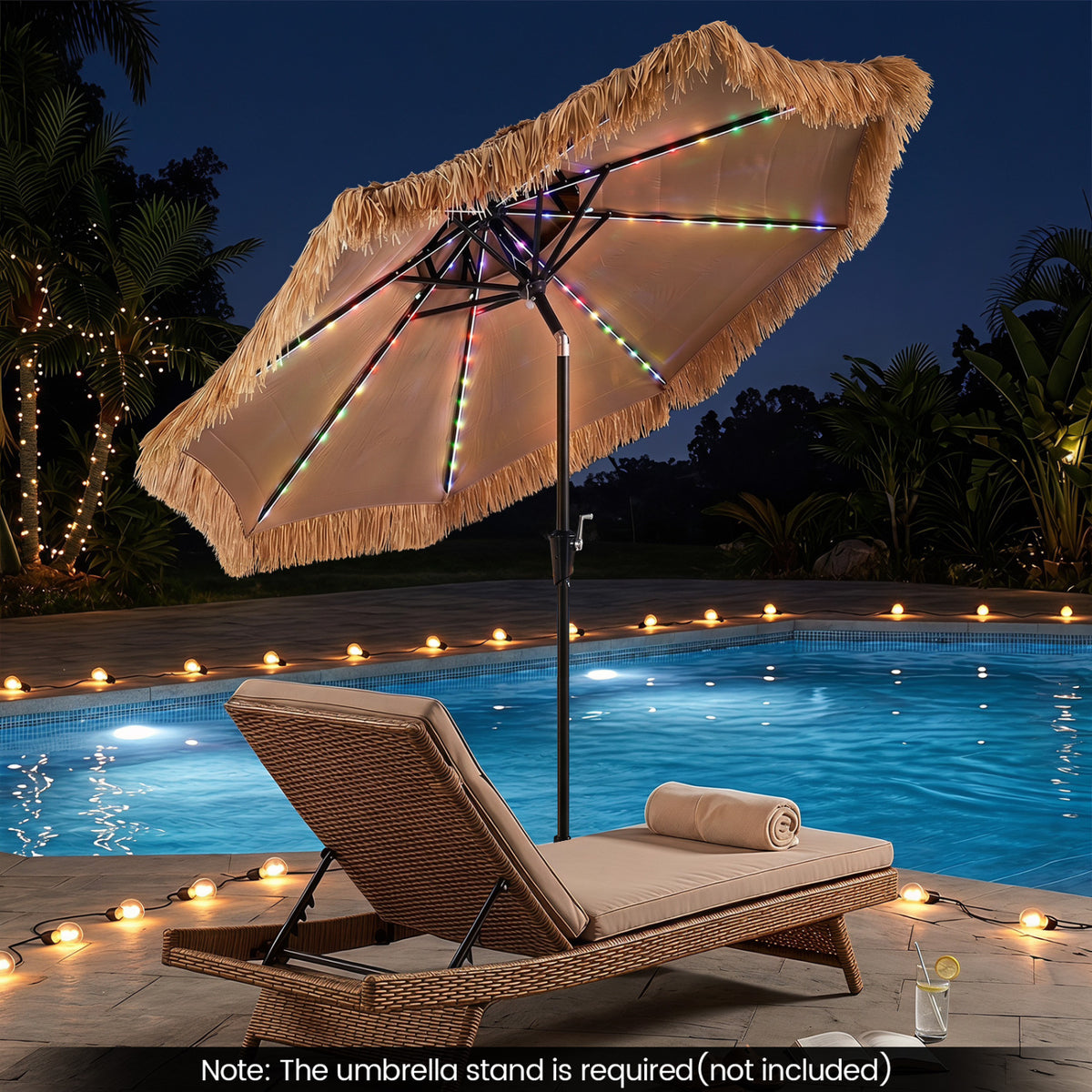 9 FT Solar Thatched Tiki Umbrella with 96 Multi-colored Flowing Lights and 12 Modes-Beige