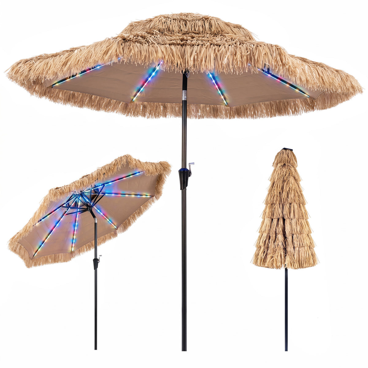 9 FT Solar Thatched Tiki Umbrella with 96 Multi-colored Flowing Lights and 12 Modes-Beige