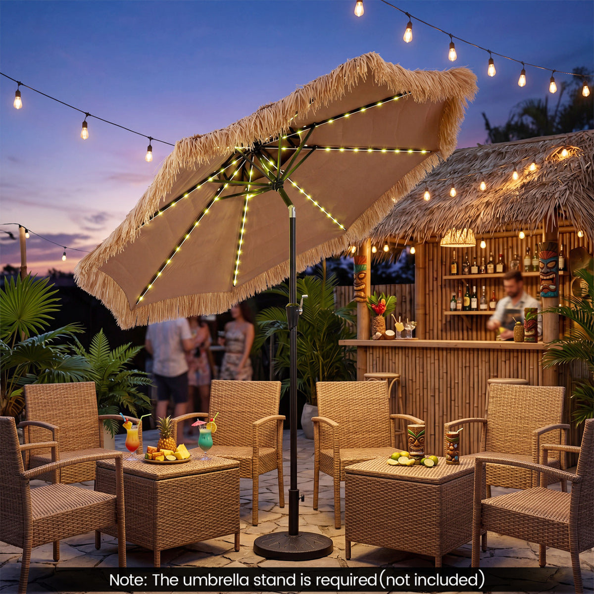 9 FT Solar Thatched Tiki Umbrella with 96 Multi-colored Flowing Lights and 12 Modes-Beige