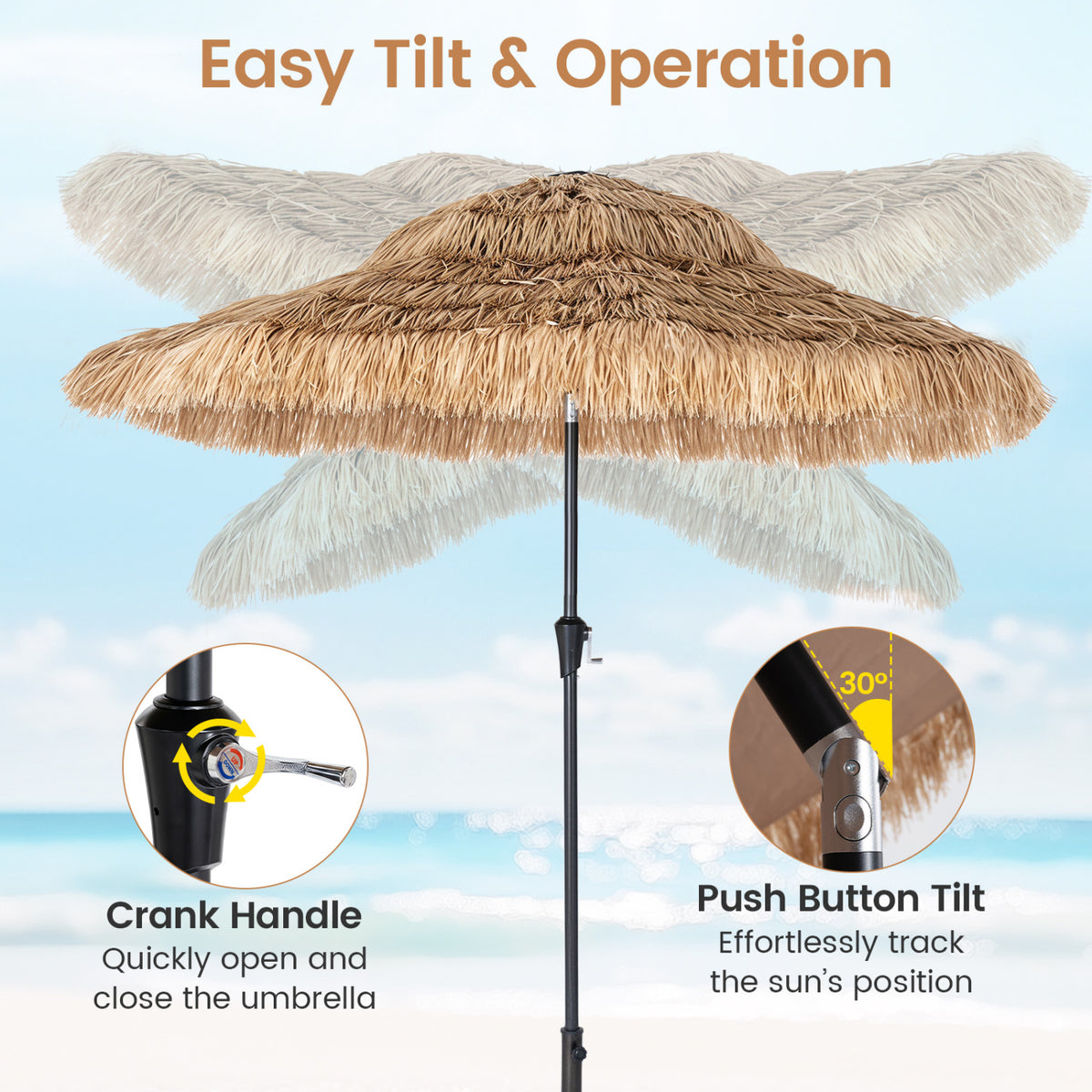 9 FT Solar Thatched Tiki Umbrella with 96 Multi-colored Flowing Lights and 12 Modes-Beige