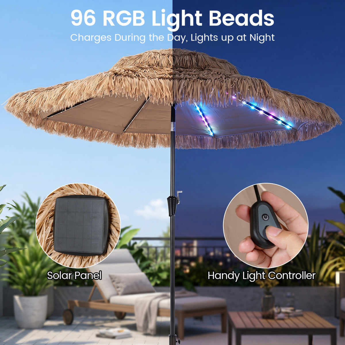9 FT Solar Thatched Tiki Umbrella with 96 Multi-colored Flowing Lights and 12 Modes-Beige