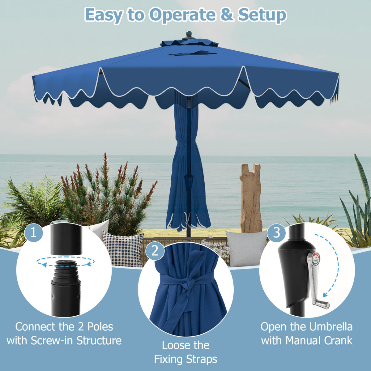 9 Feet Patio Umbrella with Crank Handle and Push Button Tilt-Navy