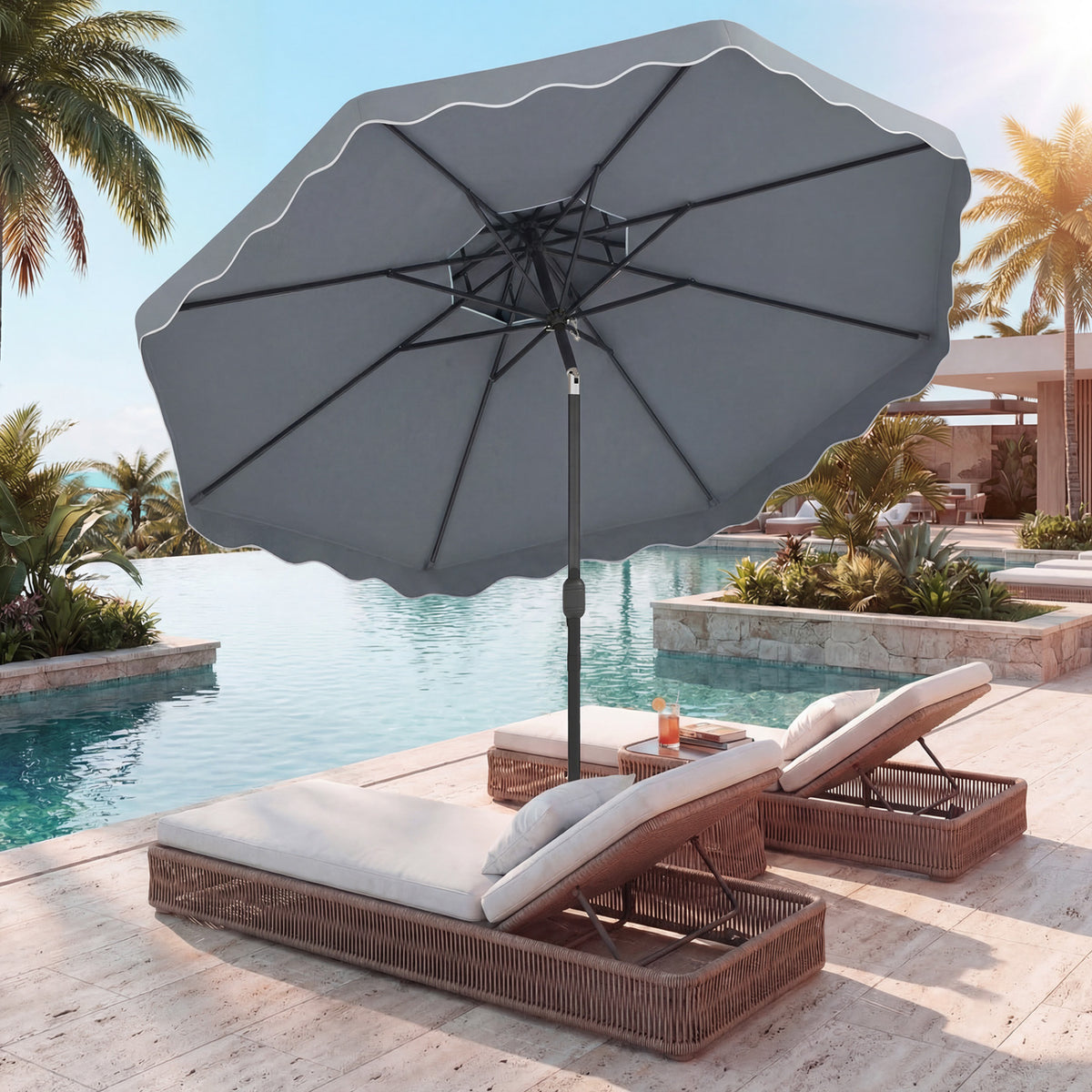 9 Feet Patio Umbrella with Push Button Tilt and Crank-Gray