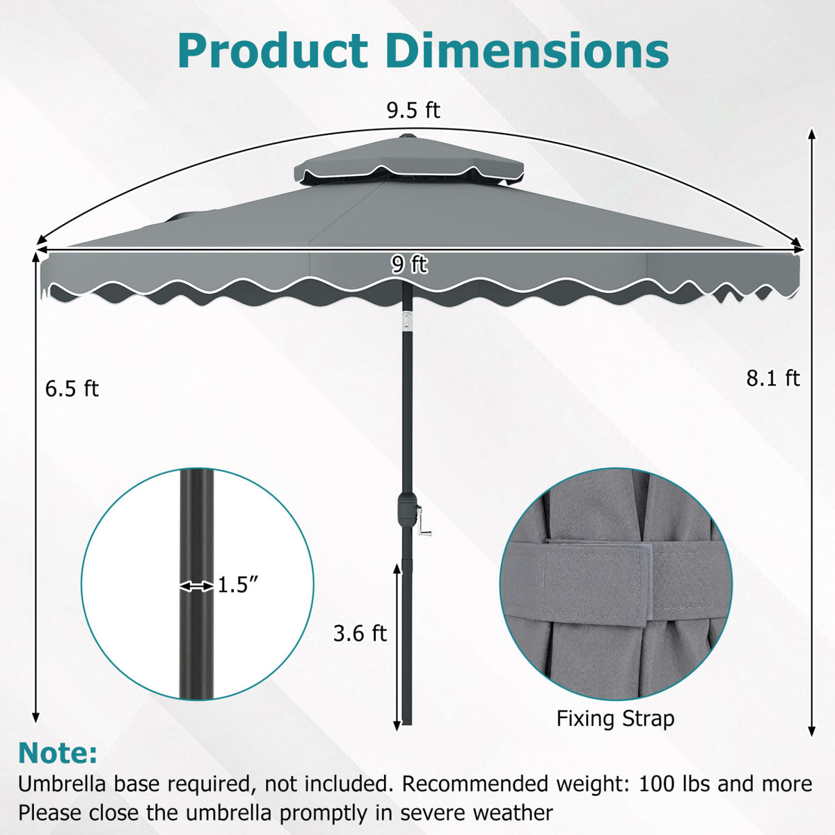 9 Feet Patio Umbrella with Push Button Tilt and Crank-Gray