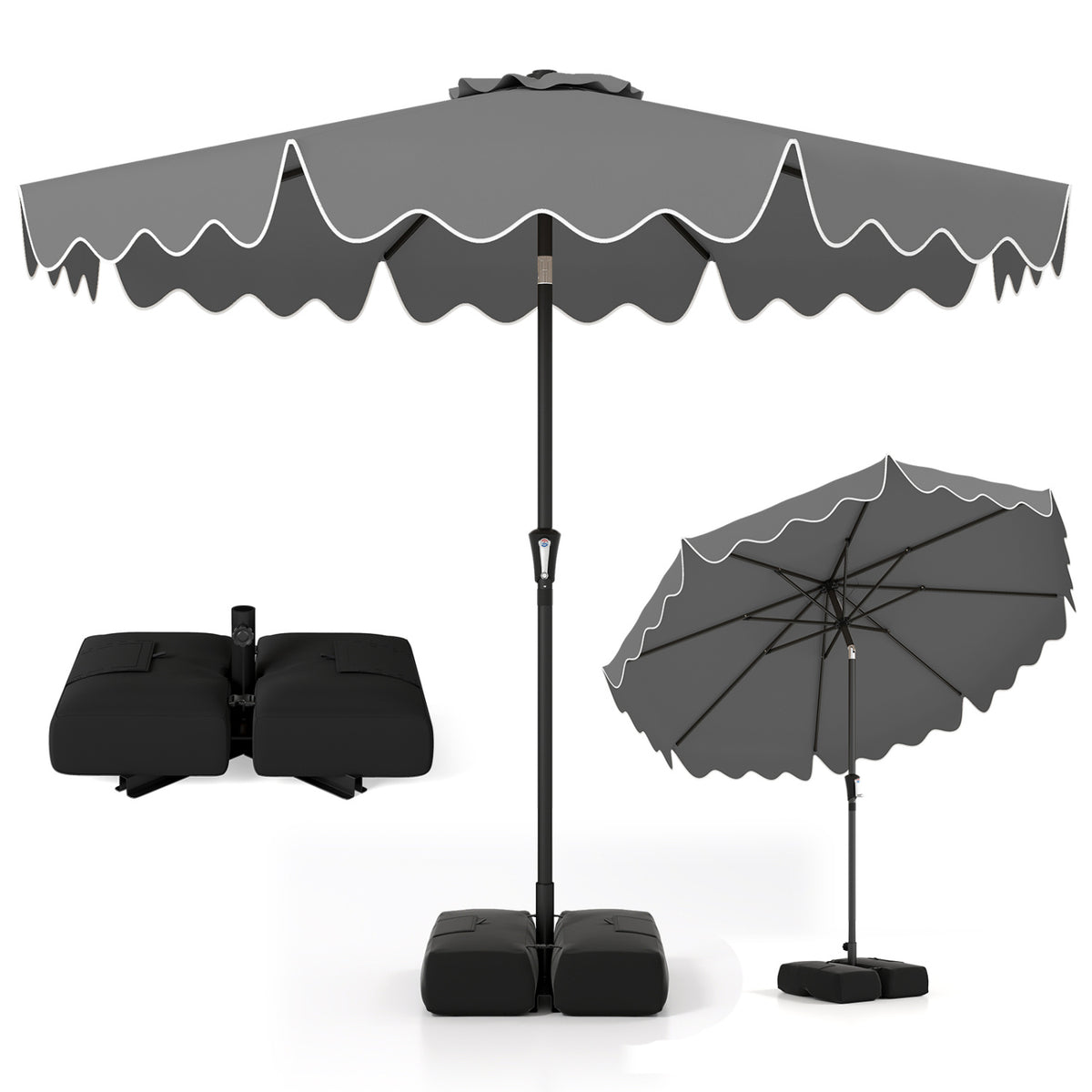 9 Feet Patio Umbrella with Weighted Base and Sandbags-Gray