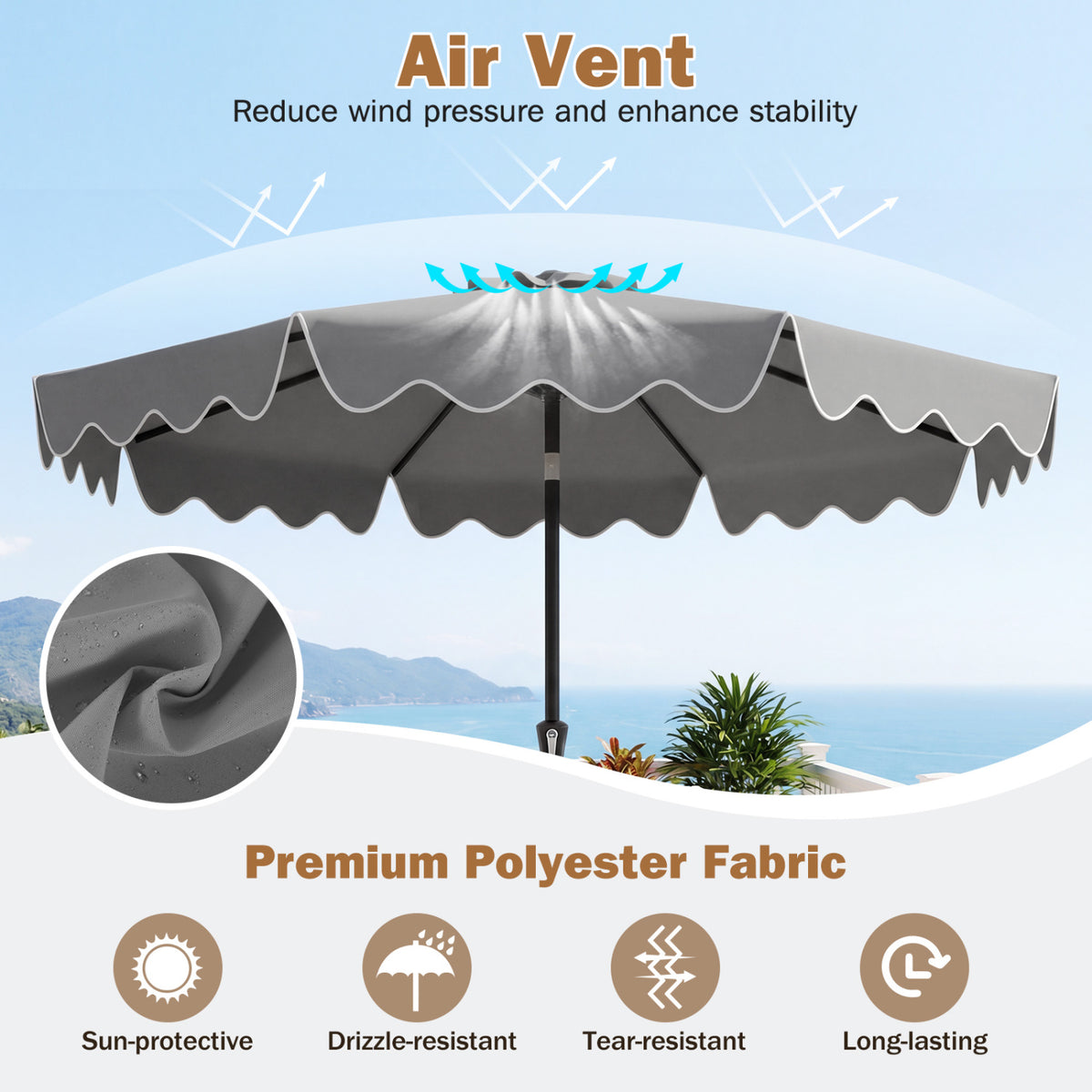 9 Feet Patio Umbrella with Weighted Base and Sandbags-Gray