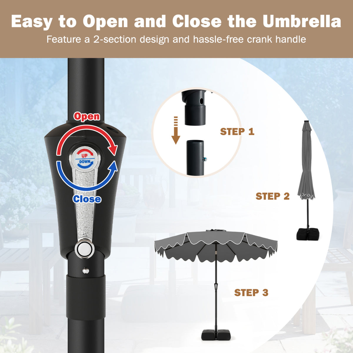 9 Feet Patio Umbrella with Weighted Base and Sandbags-Gray