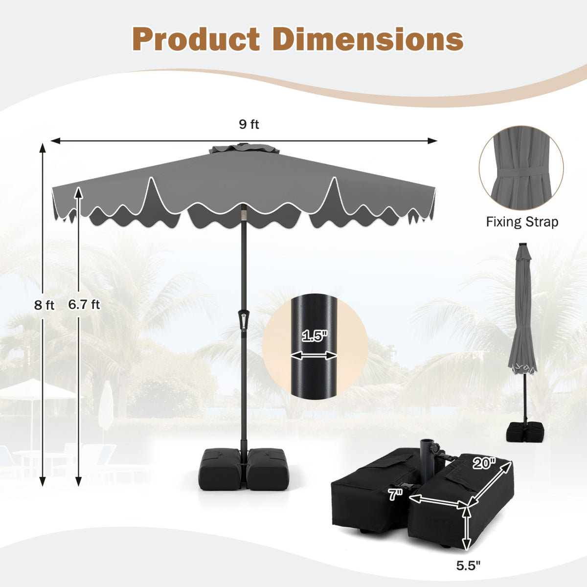 9 Feet Patio Umbrella with Weighted Base and Sandbags-Gray