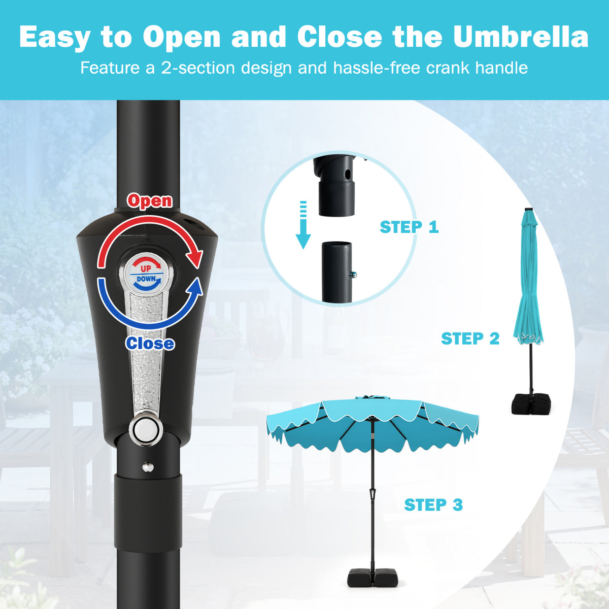 9 Feet Patio Umbrella with Weighted Base and Sandbags-Turquoise
