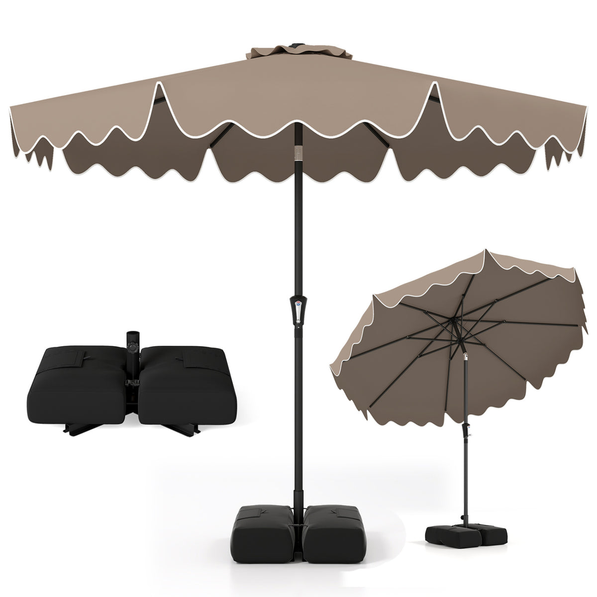 9 Feet Patio Umbrella with Weighted Base and Sandbags-Brown