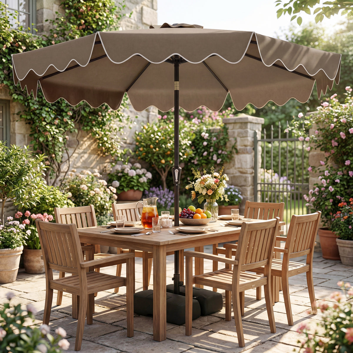 9 Feet Patio Umbrella with Weighted Base and Sandbags-Brown