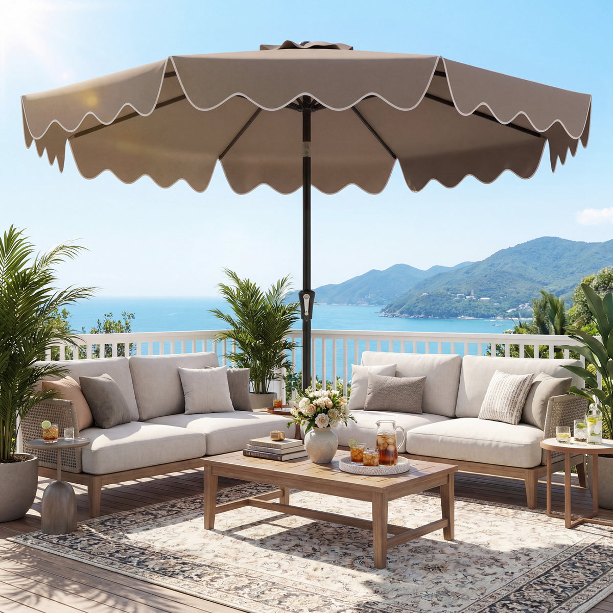 9 Feet Patio Umbrella with Weighted Base and Sandbags-Brown