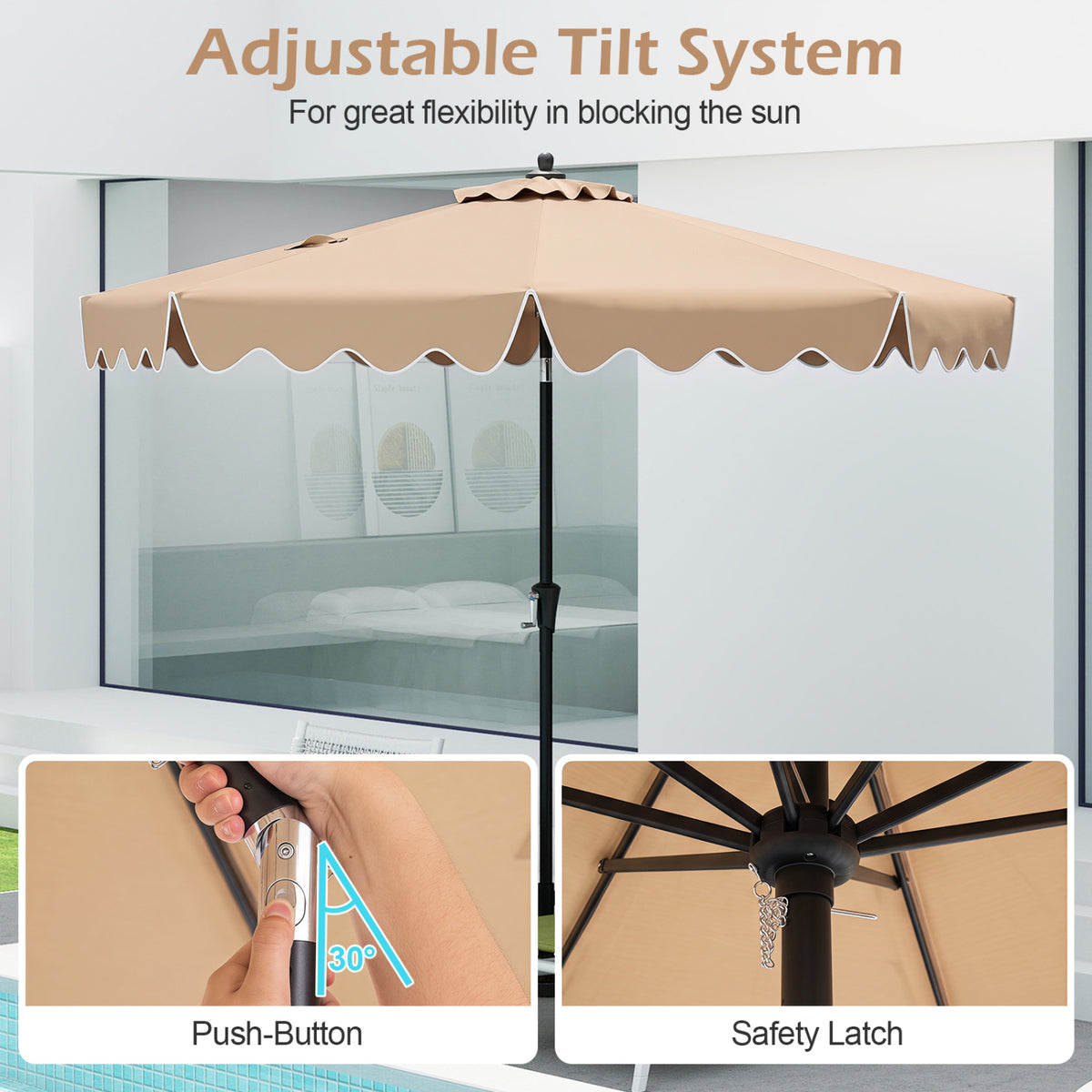 9 Feet Patio Umbrella with Crank Handle and Push Button Tilt-Beige