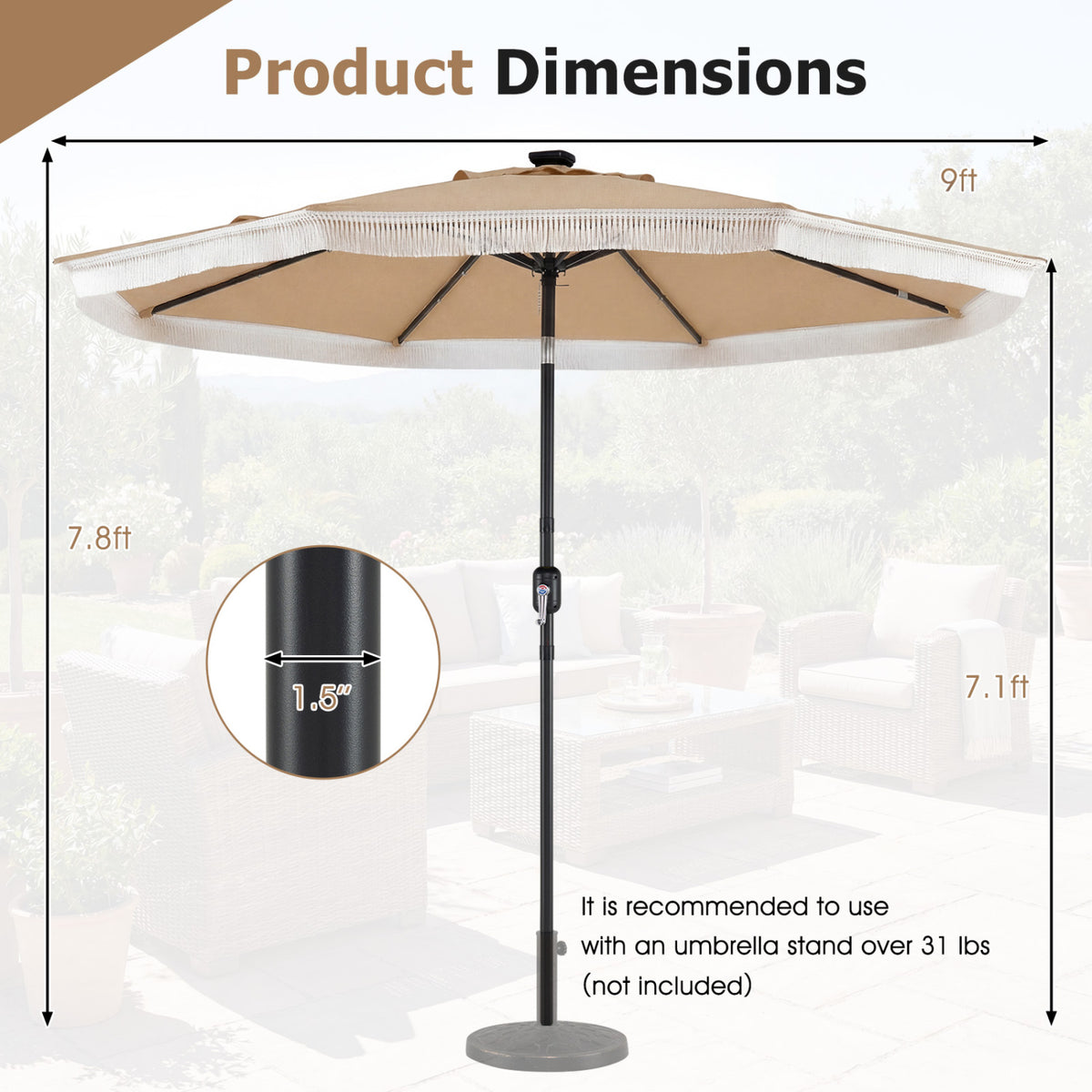 9 Feet Solar Patio Umbrella with 24 LED Lights for Yard-Beige