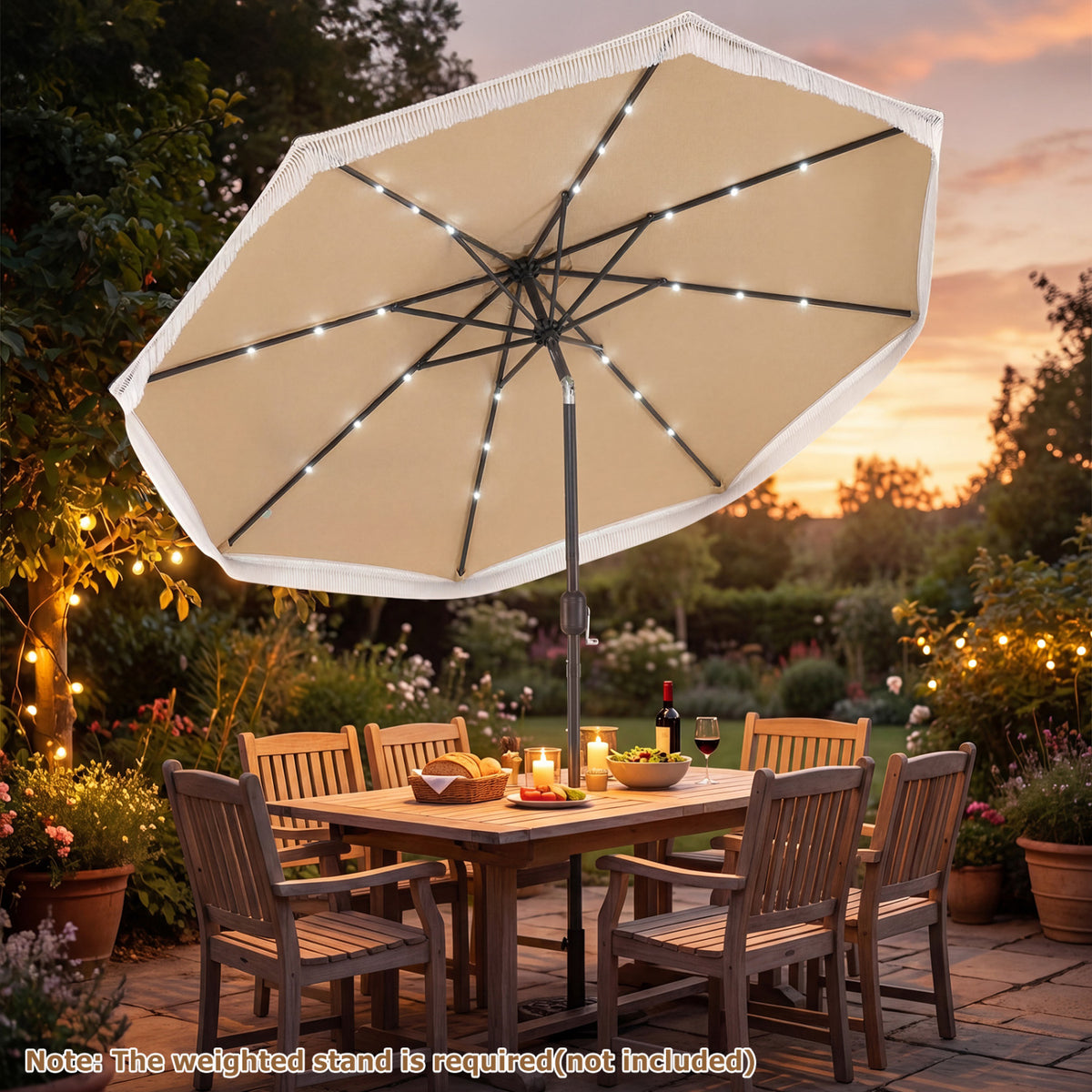 9 Feet Solar Patio Umbrella with 24 LED Lights for Yard-Beige