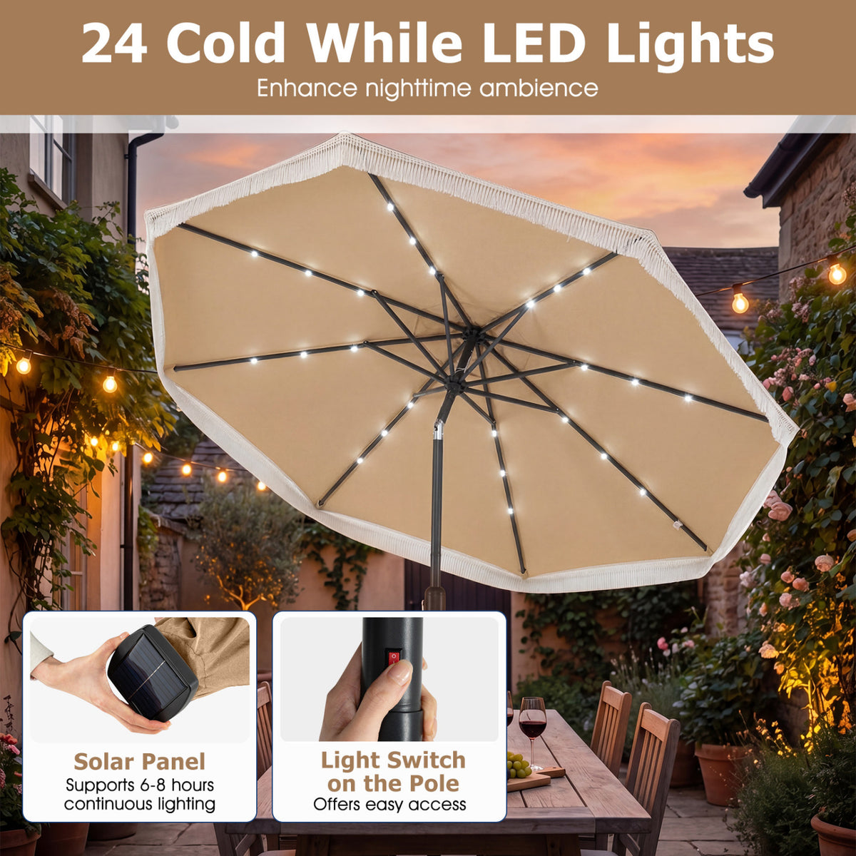 9 Feet Solar Patio Umbrella with 24 LED Lights for Yard-Beige
