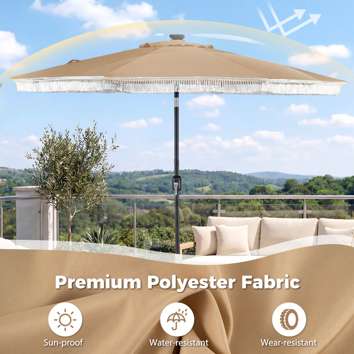 9 Feet Solar Patio Umbrella with 24 LED Lights for Yard-Beige