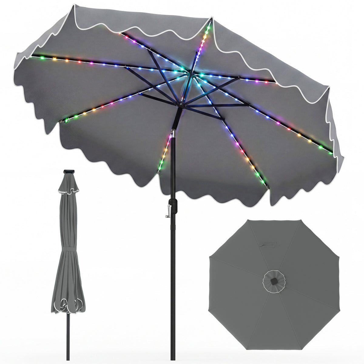 9 Feet Solar Patio Umbrella with Color-Changing LED Lights-Gray