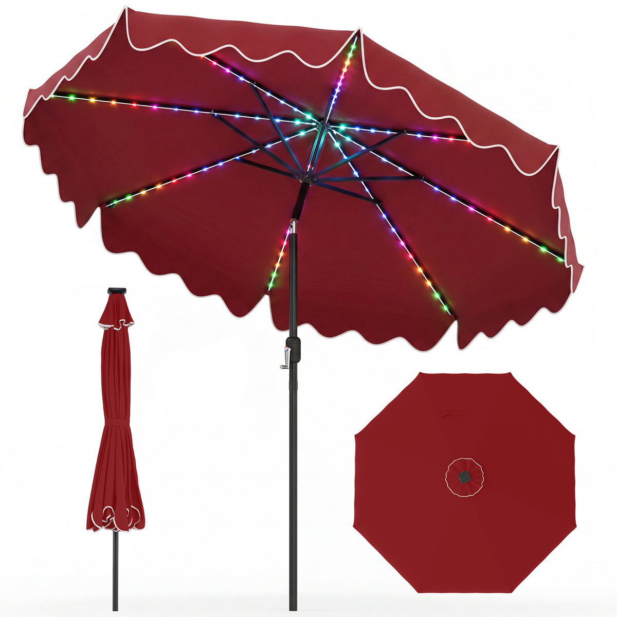 9 Feet Solar Patio Umbrella with Color-Changing LED Lights-Wine