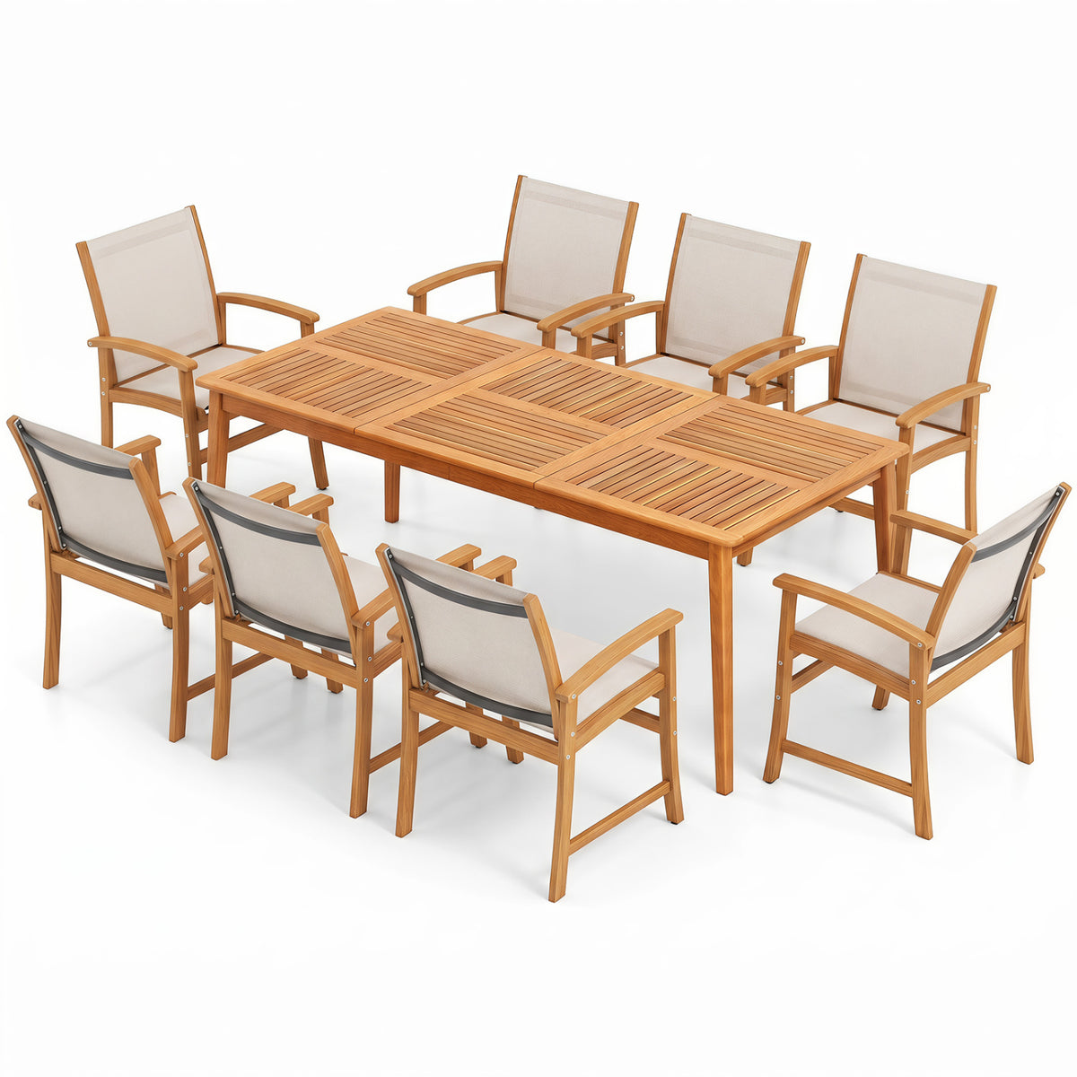 9-Piece Acacia Wood Outdoor Patio Dining Set with 80â€ Rectangular Table and Breathable Fabric Armchairs-Yellow