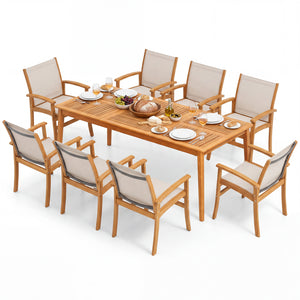 9-Piece Acacia Wood Outdoor Patio Dining Set with 80â€ Rectangular Table and Breathable Fabric Armchairs-Yellow