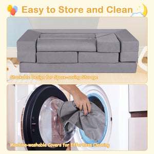 9-Piece Climb and Crawl Foam and Floor Playset with Breathable Suede Fabric-Gray