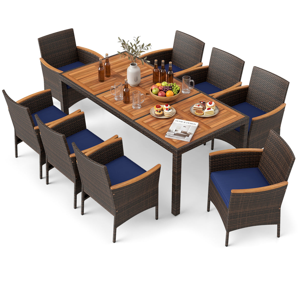9 Piece Outdoor Dining Set with Acacia Wood Table Top-Navy