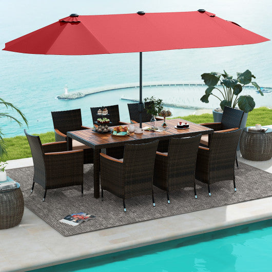 9 Piece Outdoor Dining Set with 15 Feet Double-Sided Twin Patio Umbrella-Red