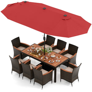 10 Piece Outdoor Dining Set with 15 Feet Double-Sided Twin Patio Umbrella-Red by DirectDeals