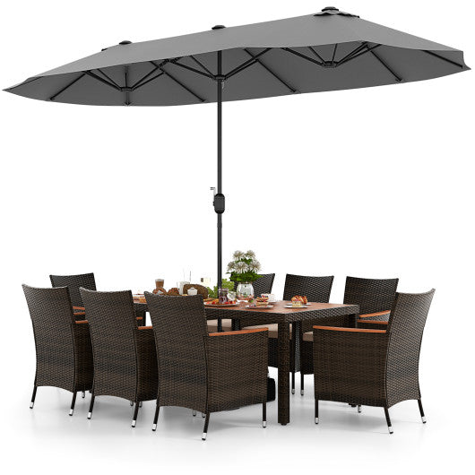 9 Piece Outdoor Dining Set with 15 Feet Double-Sided Twin Patio Umbrella-Gray