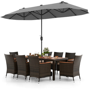 9 Piece Outdoor Dining Set with 15 Feet Double-Sided Twin Patio Umbrella-Gray