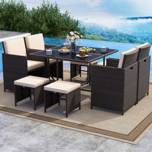 9 Piece Patio Dining Set with Tempered Glass Table and Ottoman-Beige