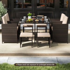 9 Piece Patio Dining Set with Tempered Glass Table and Ottoman-Beige