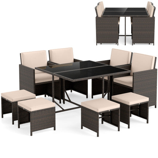 9 Piece Patio Dining Set with Tempered Glass Table and Ottoman-Beige