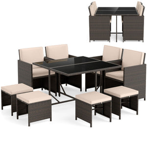 9 Piece Patio Dining Set with Tempered Glass Table and Ottoman-Beige