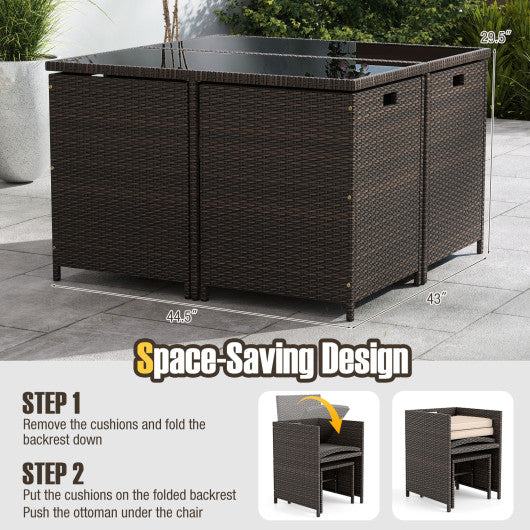 9 Piece Patio Dining Set with Tempered Glass Table and Ottoman-Beige