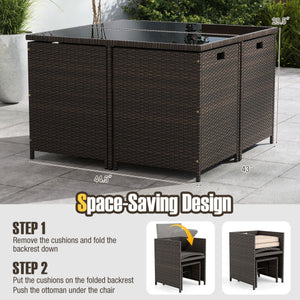 9 Piece Patio Dining Set with Tempered Glass Table and Ottoman-Beige