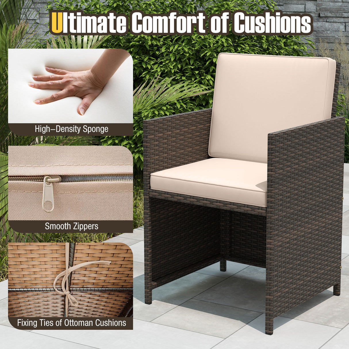9 Piece Patio Dining Set with Tempered Glass Table and Ottoman-Beige