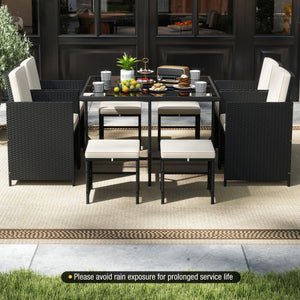 9 Piece Patio Dining Set with Tempered Glass Table and Ottoman-White