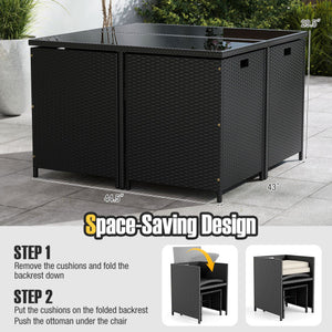 9 Piece Patio Dining Set with Tempered Glass Table and Ottoman-White